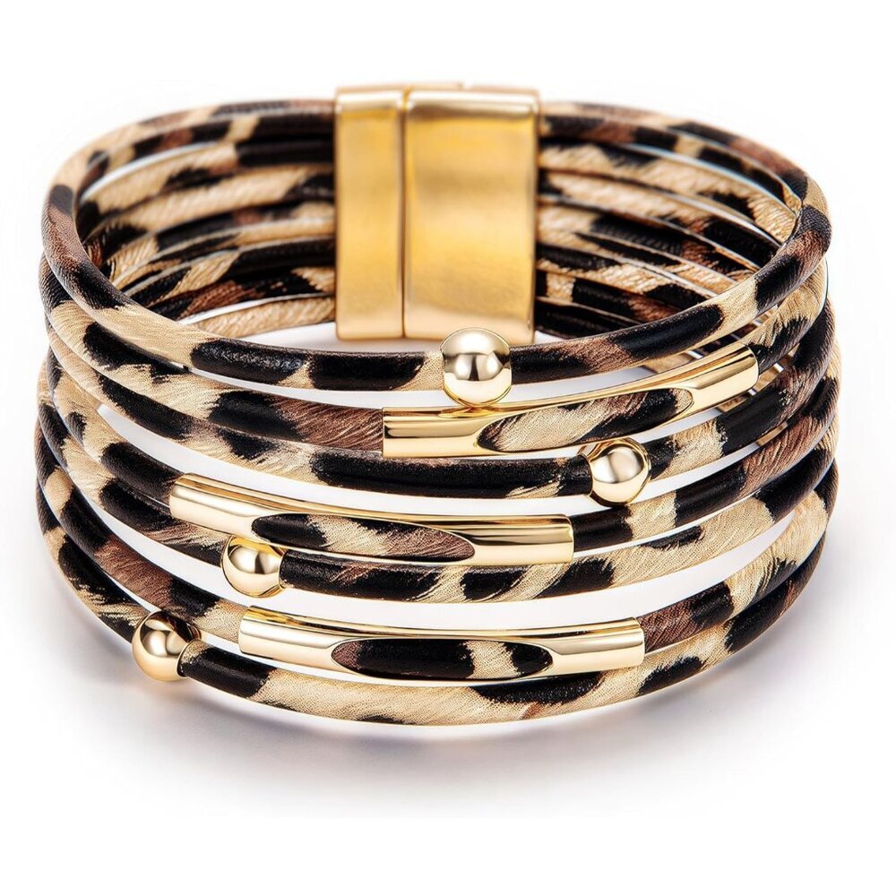 Women's Brown Leather Wrap Boho Leopard Multi Layer Crystal Beads Cuff Bracelet